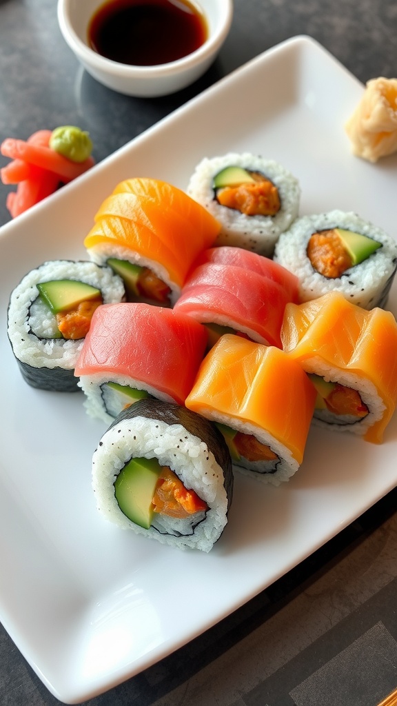 A plate with 6 sushi rolls made with fish, avocado, and cucumber, served with soy sauce, wasabi, and pickled ginger.